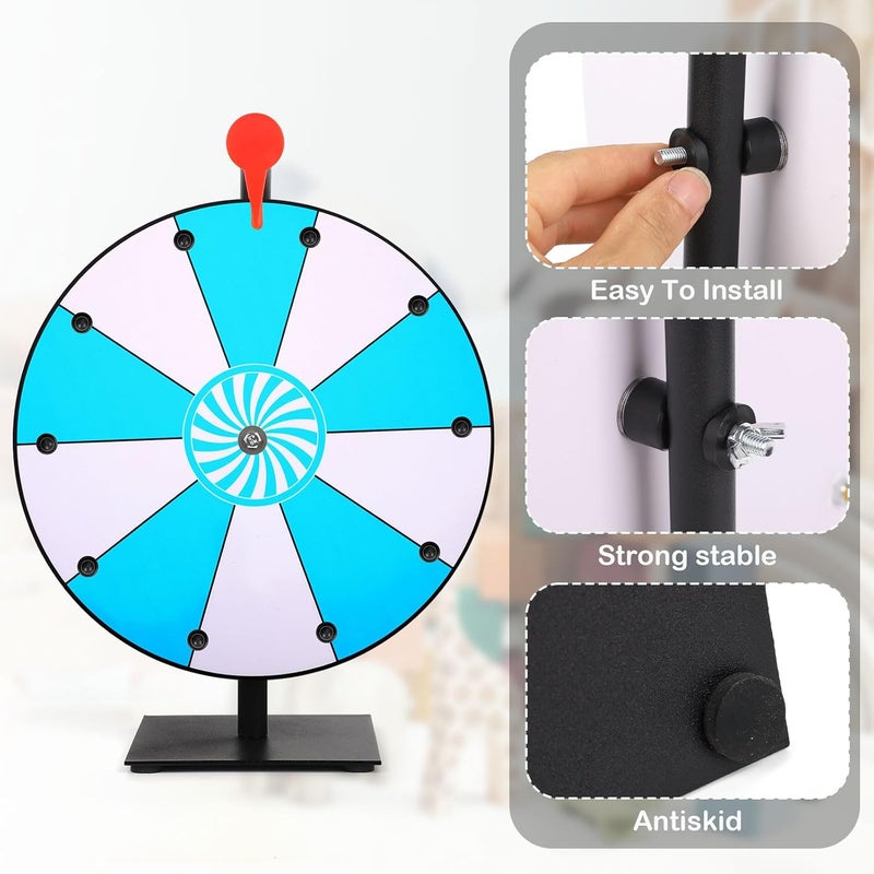 NQEUEPN 12 Inch Spinning Prize Wheel, 10 Slots Tabletop Fortune Wheel Spinner with Stand Raffle Roulette with Dry Erase & Markers for Carnivals, Trade Shows, Holiday Activities, Game (Blue+White) - Image 3
